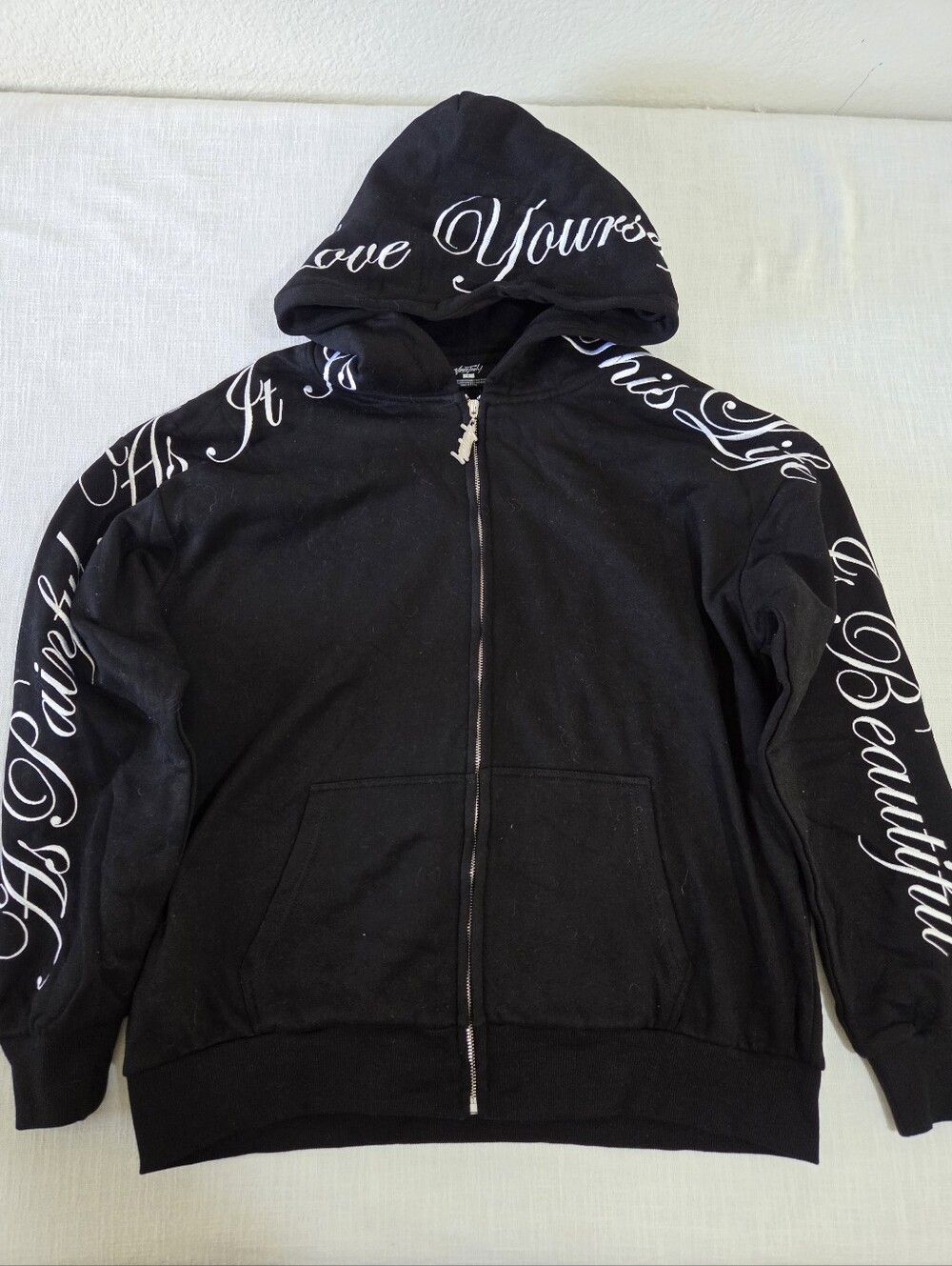 Yours Truly Forever Black Hooded Zip Jacket White Script Adult Large